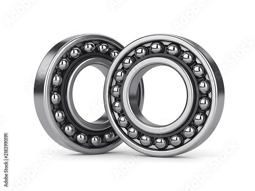 Plakat w ramie Ball bearings made of polished steel rest on a white background.