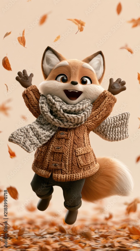 Fototapeta premium A fox character jumps happily in a shower of colorful leaves. The scene captures the joy of autumn with warm light and fun expression.