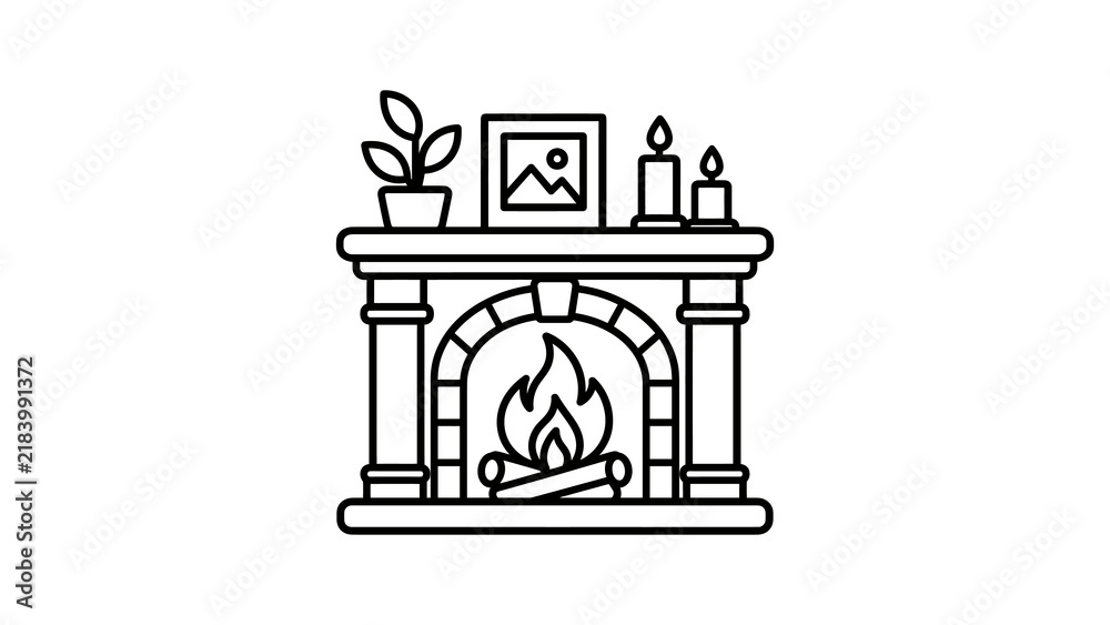 Obraz premium Cozy fireplace with burning logs and decor for warm home.