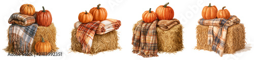 Rustic fall arrangements featuring pumpkins and cozy plaid blankets resting on hay bales, creating warm harvest decorations for autumn festivities and celebrations