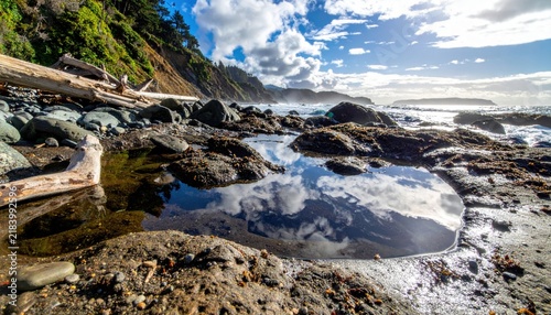 Dramatic rocky shoreline with tide pools reflecting cloudy sky and crashing ocean waves.
