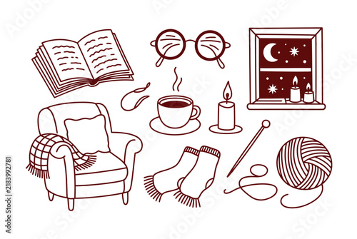 Cozy night home hand drawn doodle set, warm household illustrations, bedtime objects, evening decorations, comfortable interior elements, and relaxing lifestyle symbols