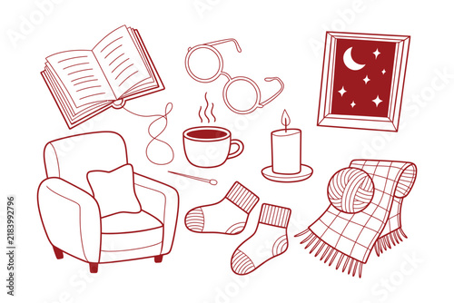 Cozy night home hand drawn doodle set, warm household illustrations, bedtime objects, evening decorations, comfortable interior elements, and relaxing lifestyle symbols