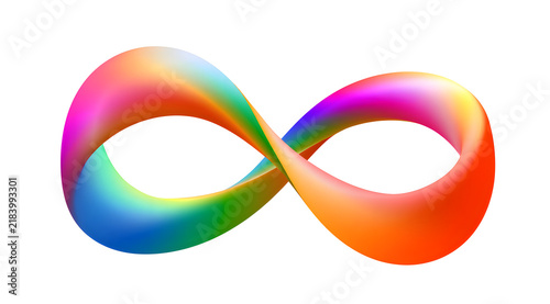 An abstract, gradient-filled mobius strip on a white background. Vibrant, three-dimensional loop with smooth, curving lines, forming a flowing, ribbon-like shape. The design embodies modernity and end