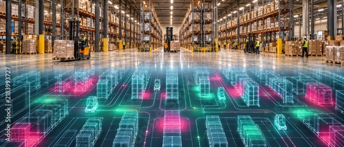 Digital Twin Warehouse Simulation, Real Distribution Center with Glowing Wireframe Overlay Showing Smart Logistics and Automated Forklift Tracking System