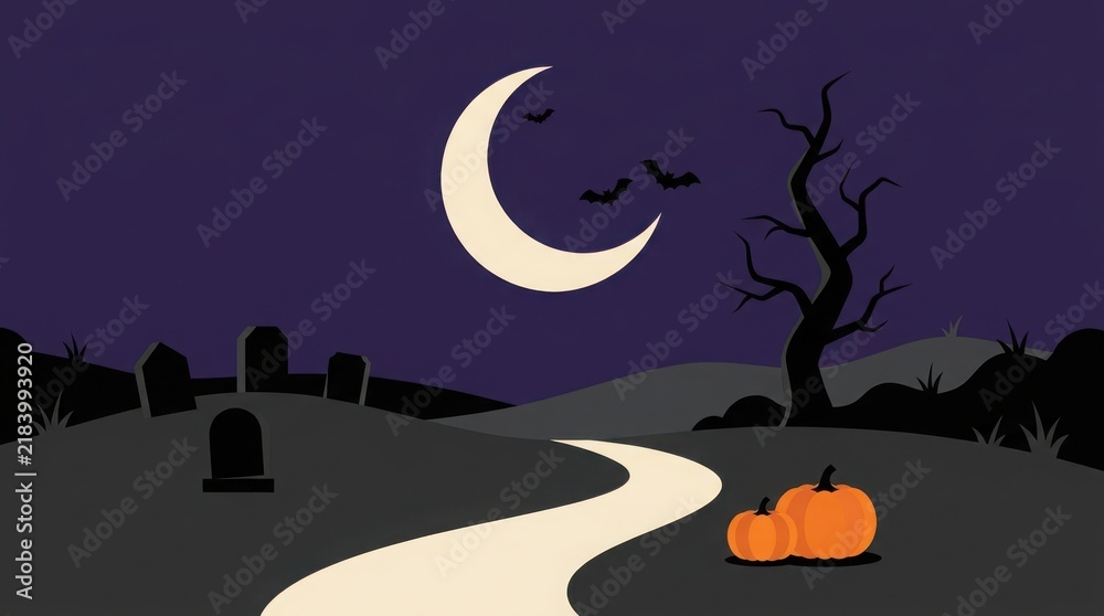 Fototapeta premium A spooky halloween night scene featuring a crescent moon winding path tombstones bare trees and glowing jack o' lanterns in a dark