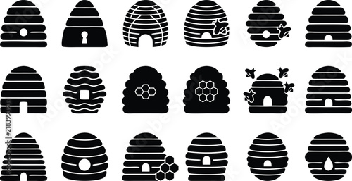 Beehive icon set with honeycomb bees honey production and apiary symbols