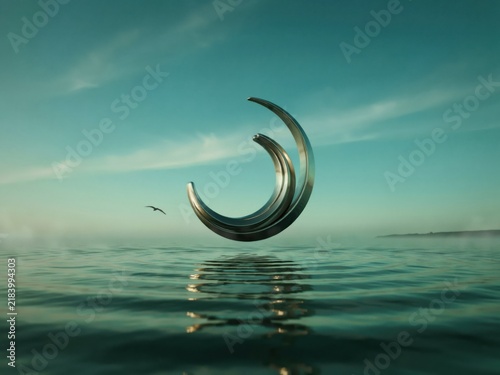 A Polished Metallic Crescent Shape Floating Above Calm Rippling Ocean Water Surface