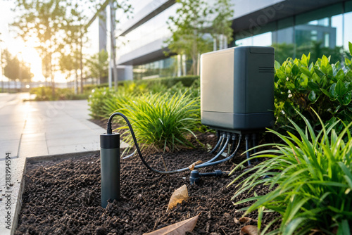 Outdoor smart irrigation hub controller with soil sensor unit installed in garden soil bed mockup