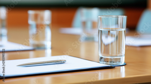 Close Up of Glass of Water and Pen on Notepad in Business Conference Room