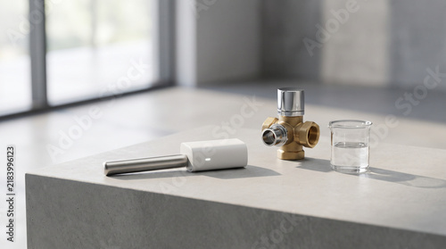 Modern faucet spout brass mixing valve body and glass of water on stone podium mockup