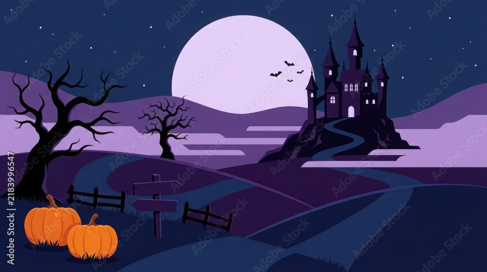 Fototapeta premium A spooky halloween night scene featuring a dark castle silhouetted against a large glowing full moon and pumpkins in the foreground