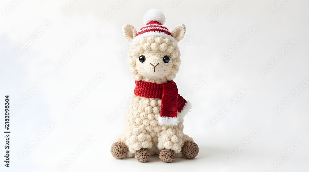 Obraz premium Adorable knitted alpaca toy wearing a hat and scarf on white background