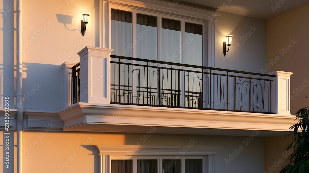 Obraz premium A modern balcony with black railings and white columns illuminated by wall mounted lamps against a warm toned building facade