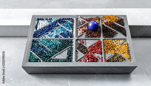 Intricate Mosaic Art with Colorful Glass Beads and Blue Marble in Segmented Tray