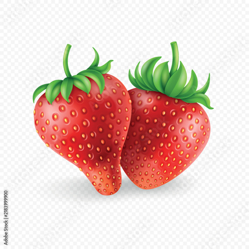 Whole red strawberry with green leaves realistic set icons isolated on transparent background