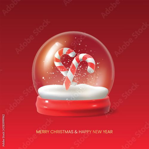 Merry Christmas and happy new year background. Realistic 3d candy canes float inside a transparent glass globe. Xmas design