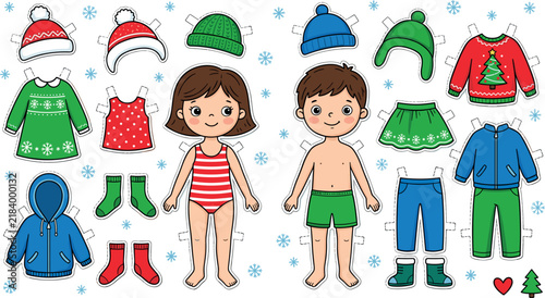 Bild auf Leinwand Cute Paper Doll Dress Up Game Vector Set with Boy and Girl Characters Winter Clo
