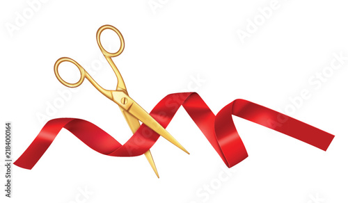Realistic Red Silk Ribbon with gold scissors on white background