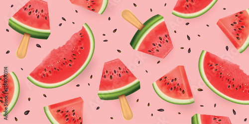Watermelon Falling slices with seeds and popsicles on pink background. 3d realistic vector banner.