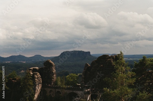Bild auf Leinwand Scenic landscape view of the famous Bastei Bridge and majestic sandstone rock formations in Saxon Switzerland National Park, Germany