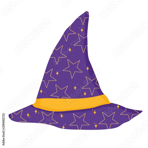 Purple Witch Hat with Golden Star Pattern and Yellow Ribbon Illustration Isolated on Transparent Background