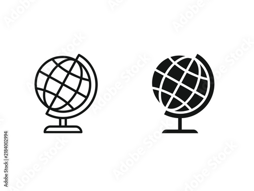 Black and white globe icons set for geography education and global business concepts.