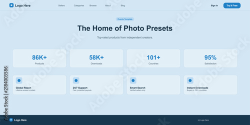 Professional blue modern website template for photo presets business homepage Vector