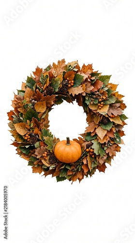 Autumn Harvest Wreath With Small Pumpkin And Pinecones On White Background