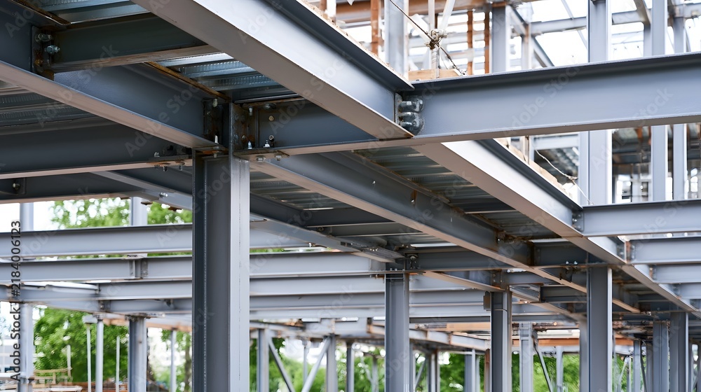 Obraz premium Close up of industrial steel beams and girders forming a structural framework with visible bolts and welded joints under daylight