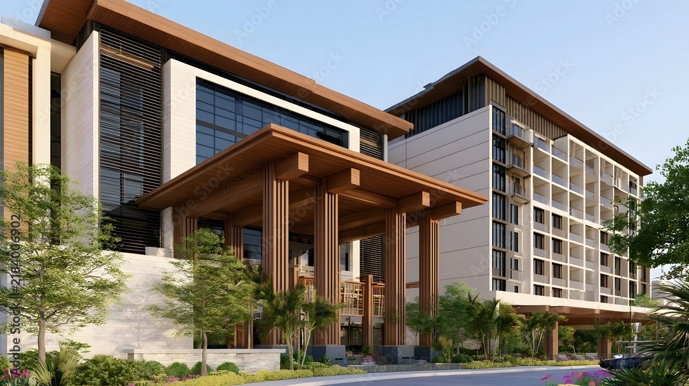 Obraz premium Modern architectural structure with wooden overhangs glass and landscaped surroundings under clear sky