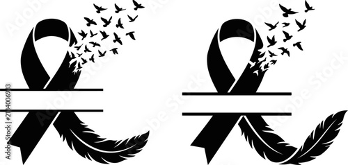Black split awareness ribbon with flying birds and feather monogram frame, vector illustration, for memorial tribute, personalized customizable text.