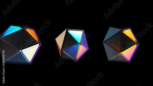 3D Render, Glass Icosahedrons Array Rotating Seamless Loop, Abstract Futuristic Geometry with Prism Light Dispersion, Cybernetic Objects Motion Graphics – Array of dark polyhedrons