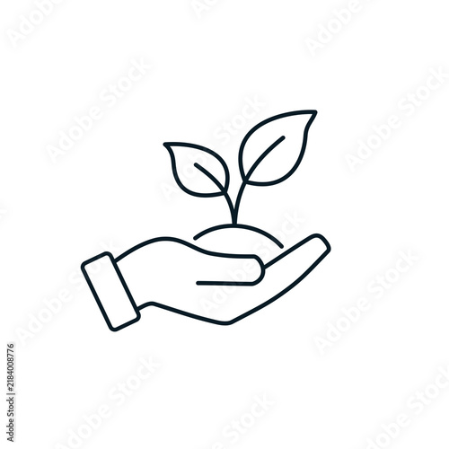Fotografía Hand holding growing plant line art vector icon, environmental care and sustaina