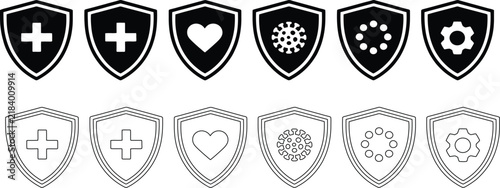 A, shield, medical, health, security, protection, cross, heart, virus, loading, gear, icon, symbol, vector, black and white.