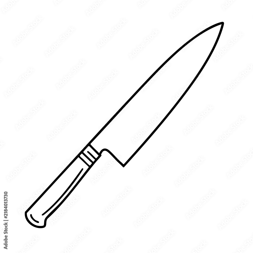 Fototapeta premium Minimalist black and white line art illustration of a sharp kitchen chef knife with cooking tool sharp blade cooking utensil kitchen equipment home cooking vector graphic gastronomy