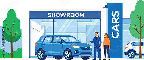 Car Showroom Dealership Vector Illustration Featuring Car Dealer Showing Blue SUV Automobile to Woman Customer for Transport Buying Concepts