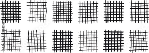 Organic woven grid patterns in black ink on white background with varying line density and spacing for design applications