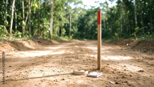 Marked wooden stake anchors sandy forest road near measuring tape and small notebook. Rural woodland setting feels tranquil, with survey marker suggesting field measurement and route documentation.