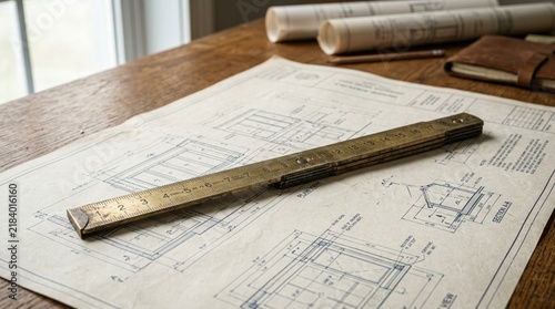 Architectural blueprints, folding ruler on wooden desk, planning and design