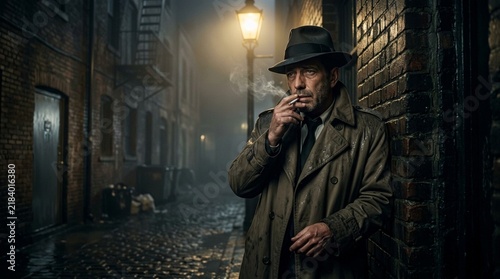 Noir Detective Smoking in Foggy Alleyway at Night