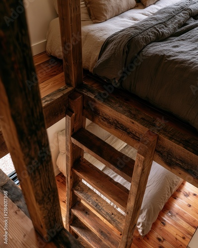 Rustic wooden bunk bed with natural light