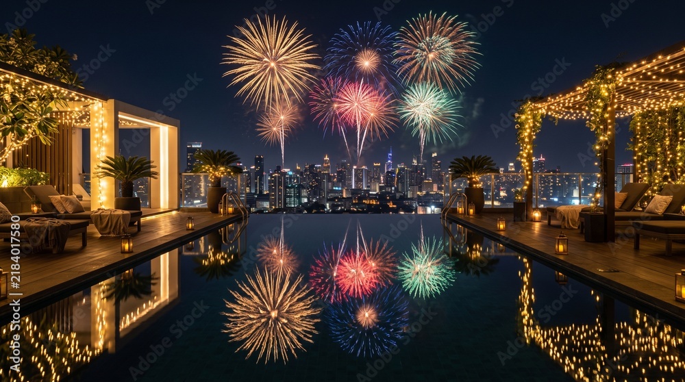 Obraz premium Rooftop Infinity Pool Overlooking City Skyline During Fireworks Display at Night