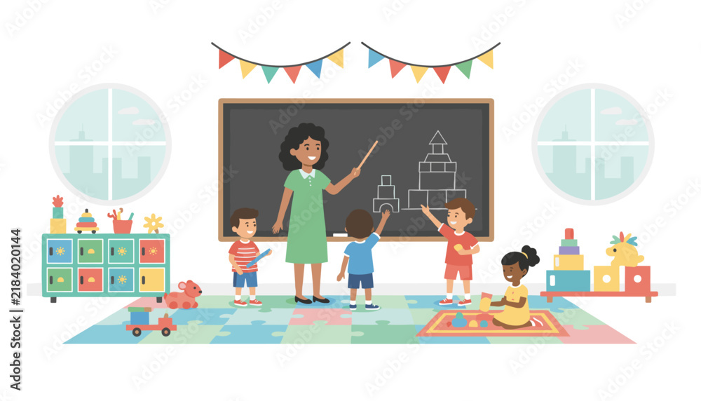 Fototapeta premium Friendly teacher guiding preschool kids during a playful learning session in a bright kindergarten classroom.