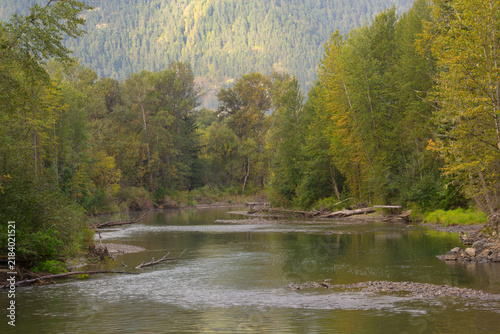 Beckoning scenic bend in Atnarko River in Bella Coola, British Columbia, Canada