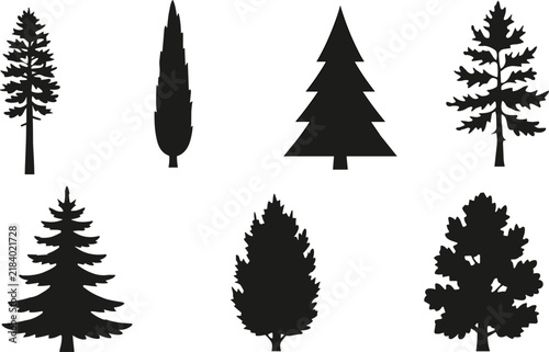 Obraz na płótnie Collection of Tree Silhouettes Featuring Diverse Natural and Stylized Botanical