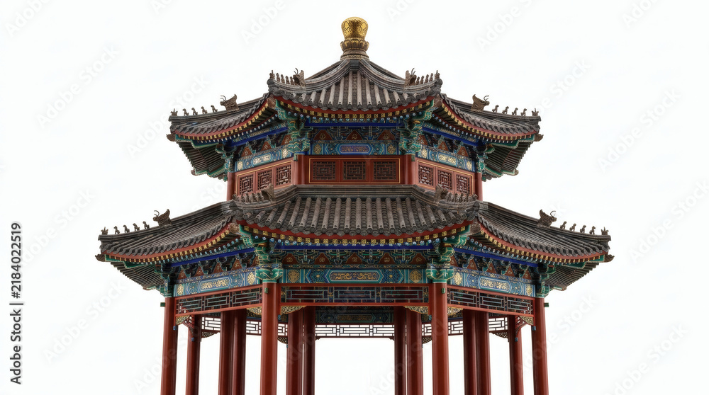 Obraz premium Traditional Chinese pavilion with ornate curved roof and decorative details isolated on white background