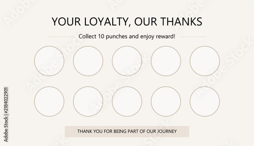 Minimal customer loyalty punch card template with ten stamp circles, thank you message, and clean neutral design for business reward programs.