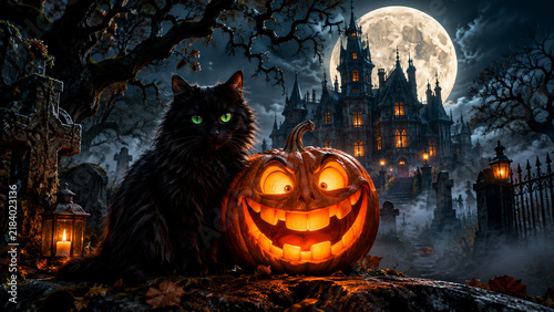 A sleek, fluffy black cat with glowing emerald eyes sits directly next to a brilliantly lit, vibrant orange jack-o'-lantern