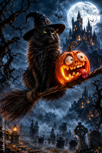  a completely serious, fluffy black cat with green eyes flying on an old witch's broomstick over a spooky cemetery.